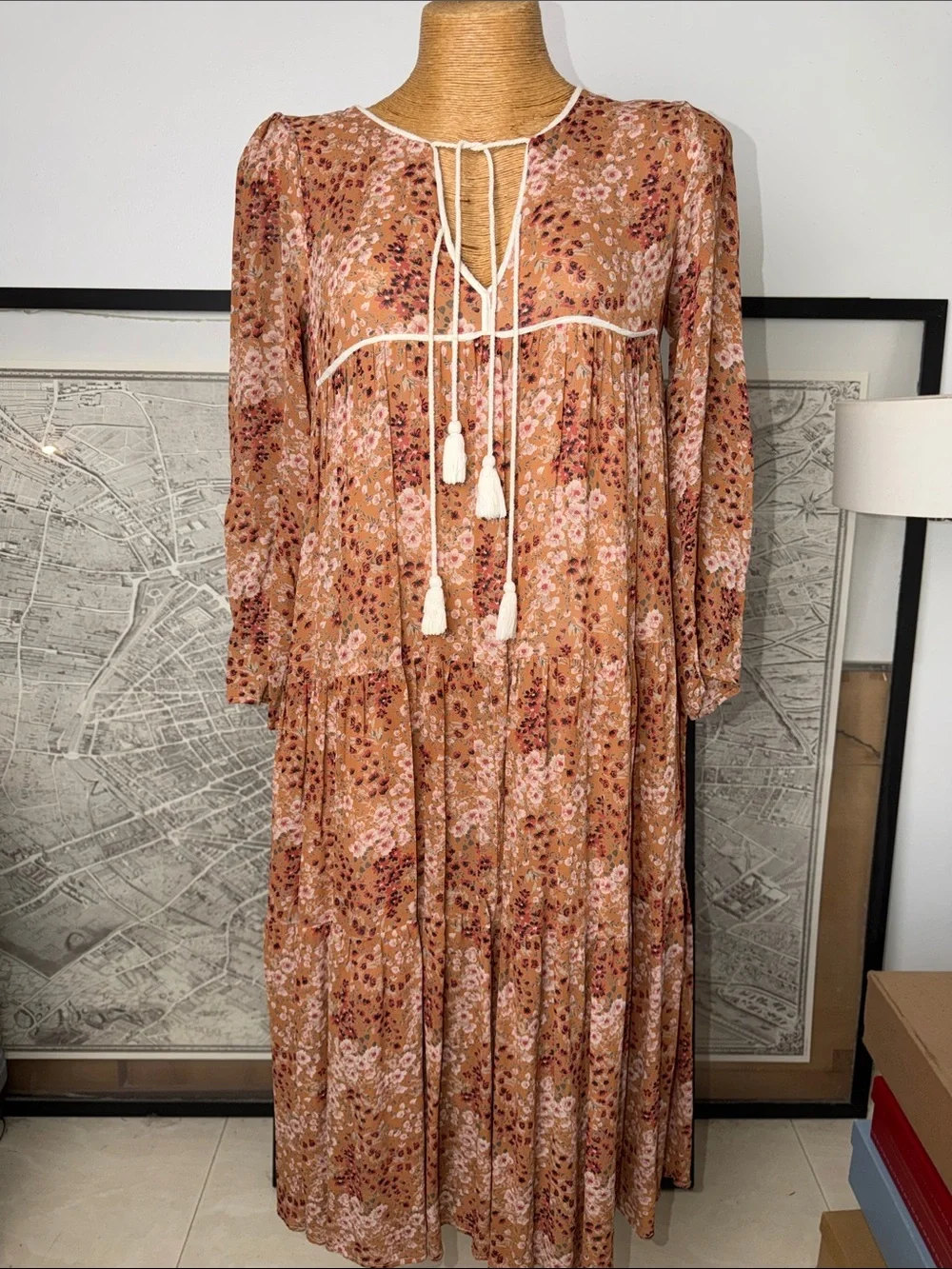 brown flower print tassel maxi dress Multi Floral Print Vintage Women Tie Neck Tassel Beach Bohemian Maxi Dresses Robe Ladies Rayon Cotton Boho Dress Vestidos